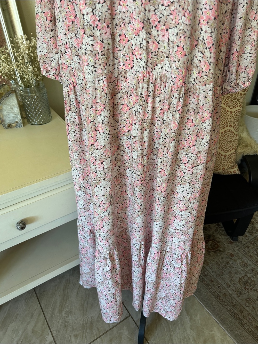 H&M brown tan cream, pink floral cottage V-neck tiered summer maxi dress XL - Picture 4 of 15